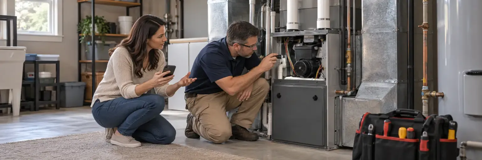HVAC technician inspecting a residential furnace while a homeowner records a comfort concern