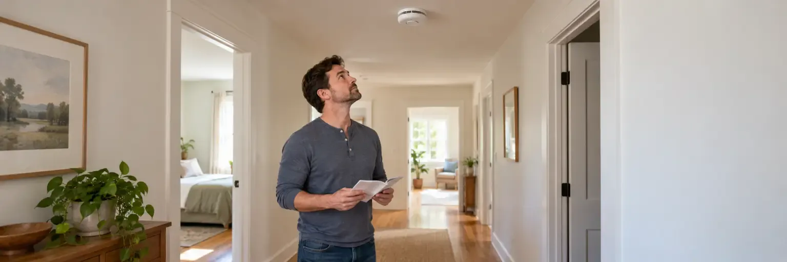Ceiling-mounted smoke alarm in a calm home hallway while a homeowner reviews the manufacturer's instructions