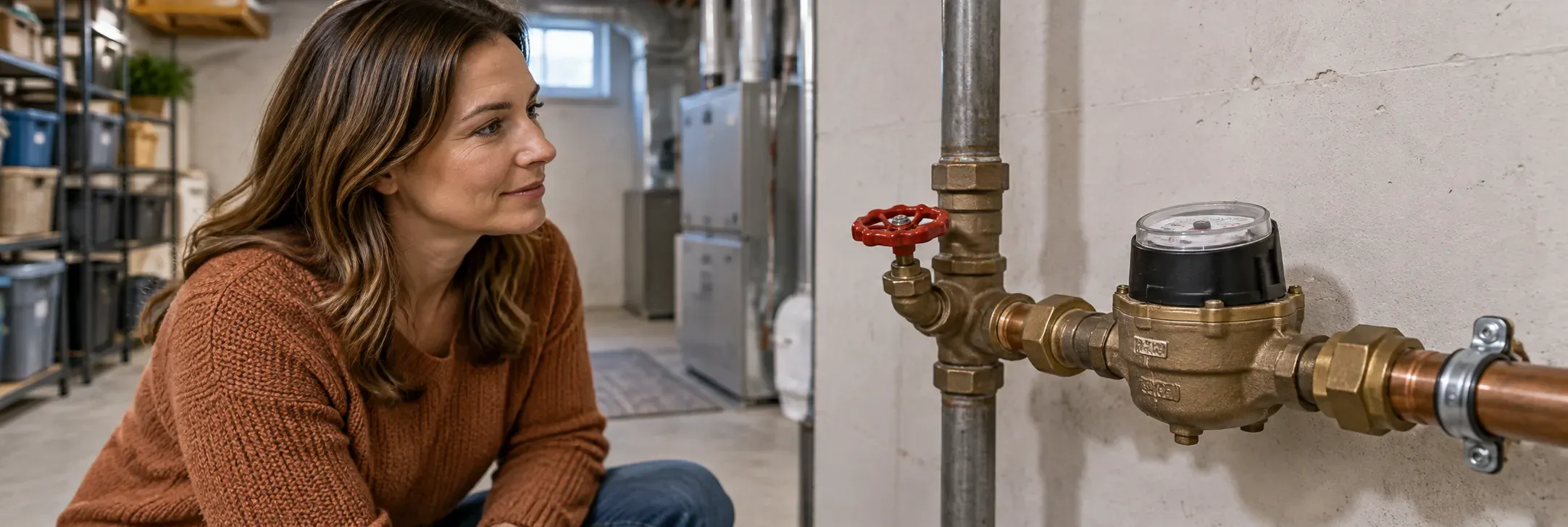 Main water shutoff valve and meter in a clean home utility area
