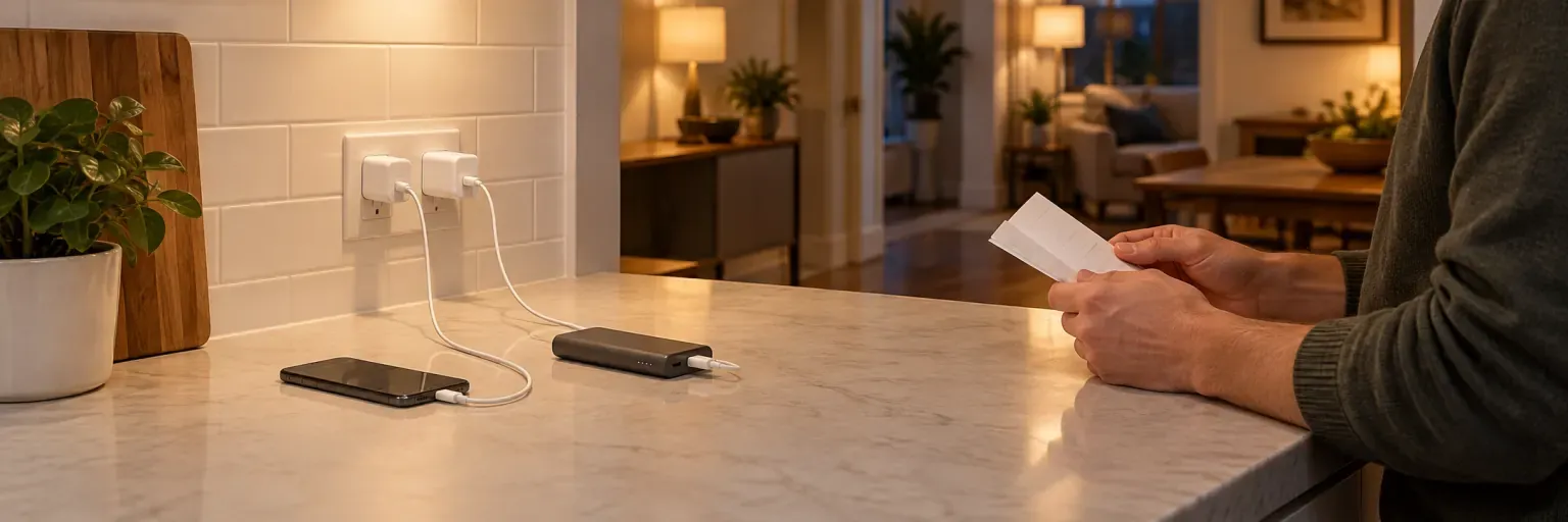 Phone and power bank charging on a clear kitchen counter while a homeowner reviews device instructions
