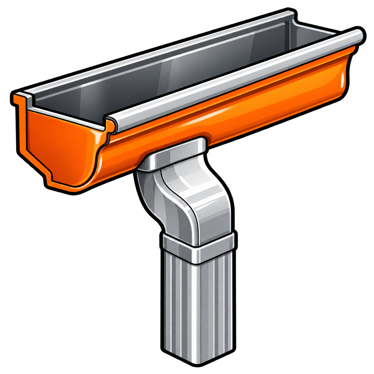 Orange rain gutter with a silver downspout