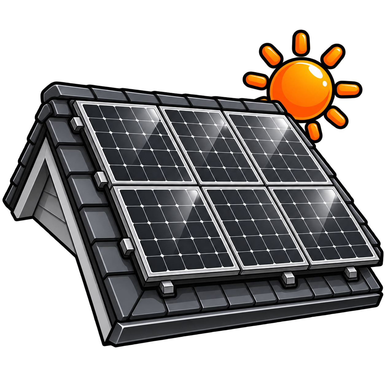 Illustrated rooftop solar panel array with a sun accent